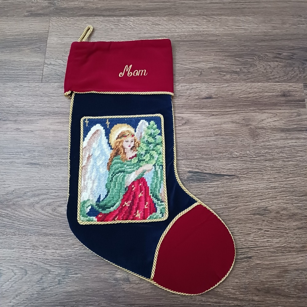 Lillian Vernon 17" Mom Christmas Stocking Needlepoint Angel Velvet Navy Red